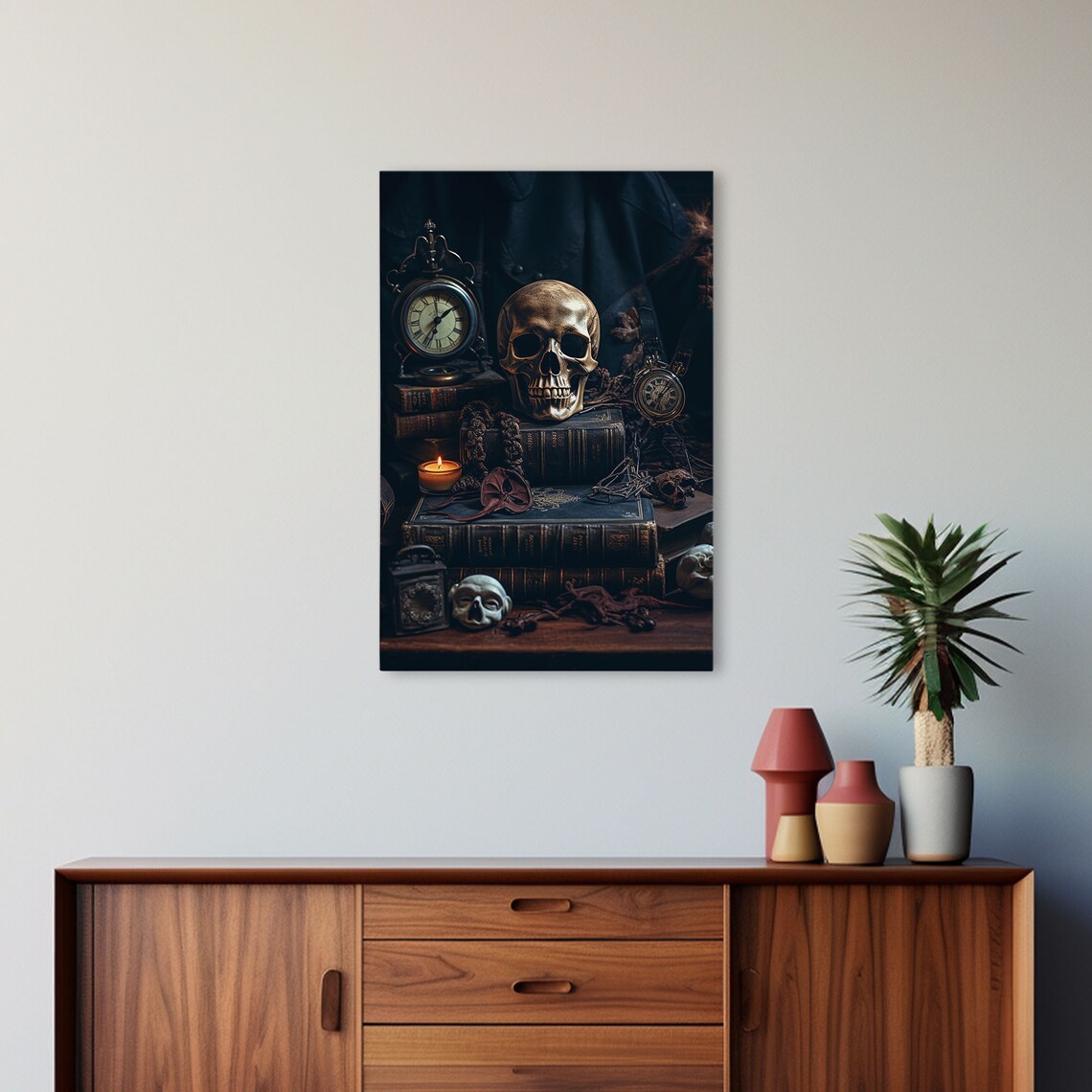Dark Skull Vanitas Still Life Gothic Antique Clocks Books Candle Moody Wall Art Print - Image 5
