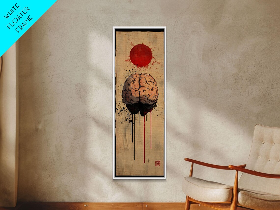 Red Sun Brain Framed Print Abstract Science Wall Art Moody Therapy Artwork Vertical Wabi Sabi Decor Living Room Art - Image 2