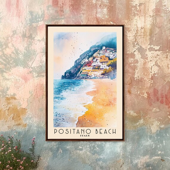 Positano Beach Italy Colorful Cliffside Town Golden Beach Blue Sea Watercolor Poster