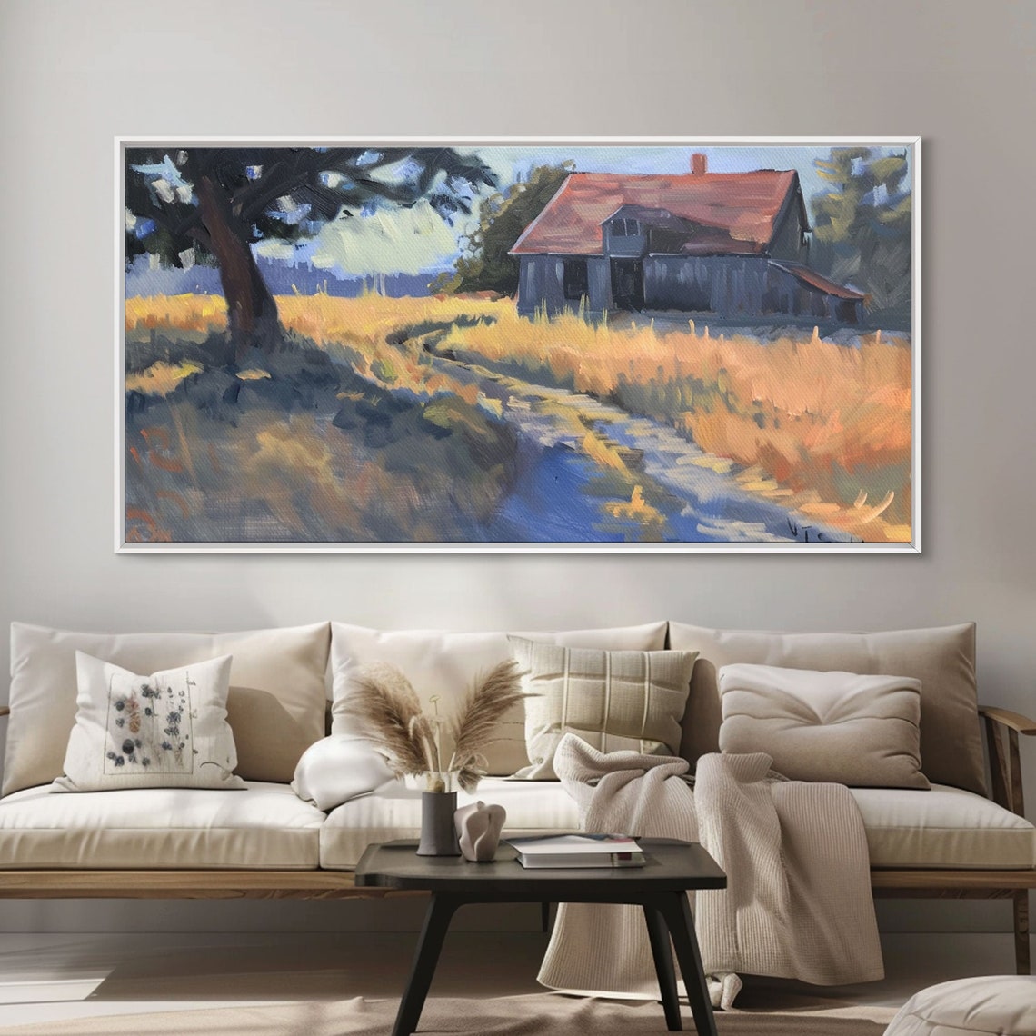 Quaint Old Barn Country Road Golden Wheat Field Dappled Light Wall Art - Image 4