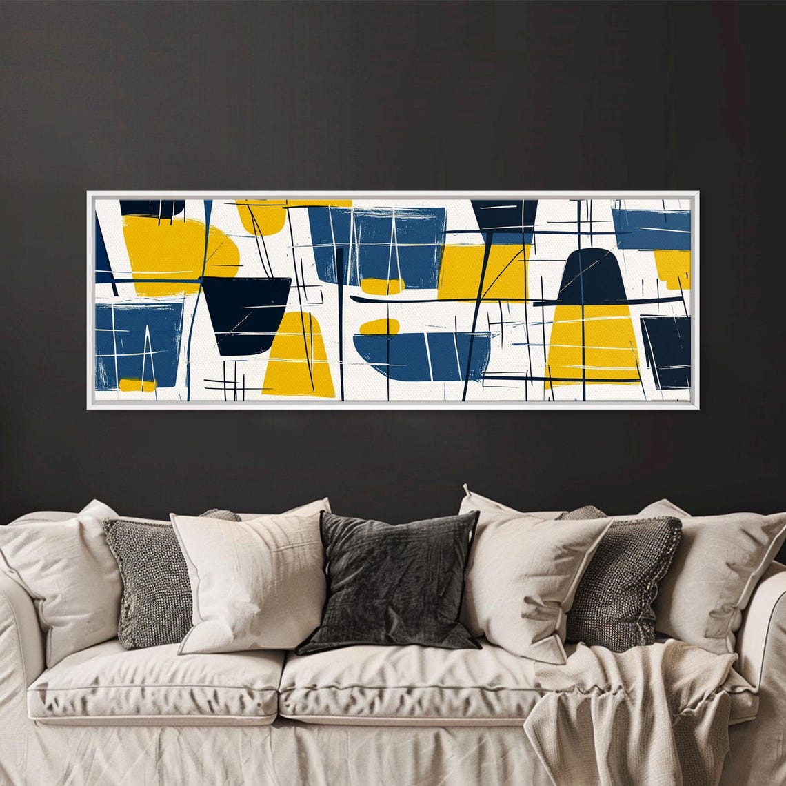 Mid Century Modern Abstract Navy Yellow Geometric Panoramic Print - Image 5