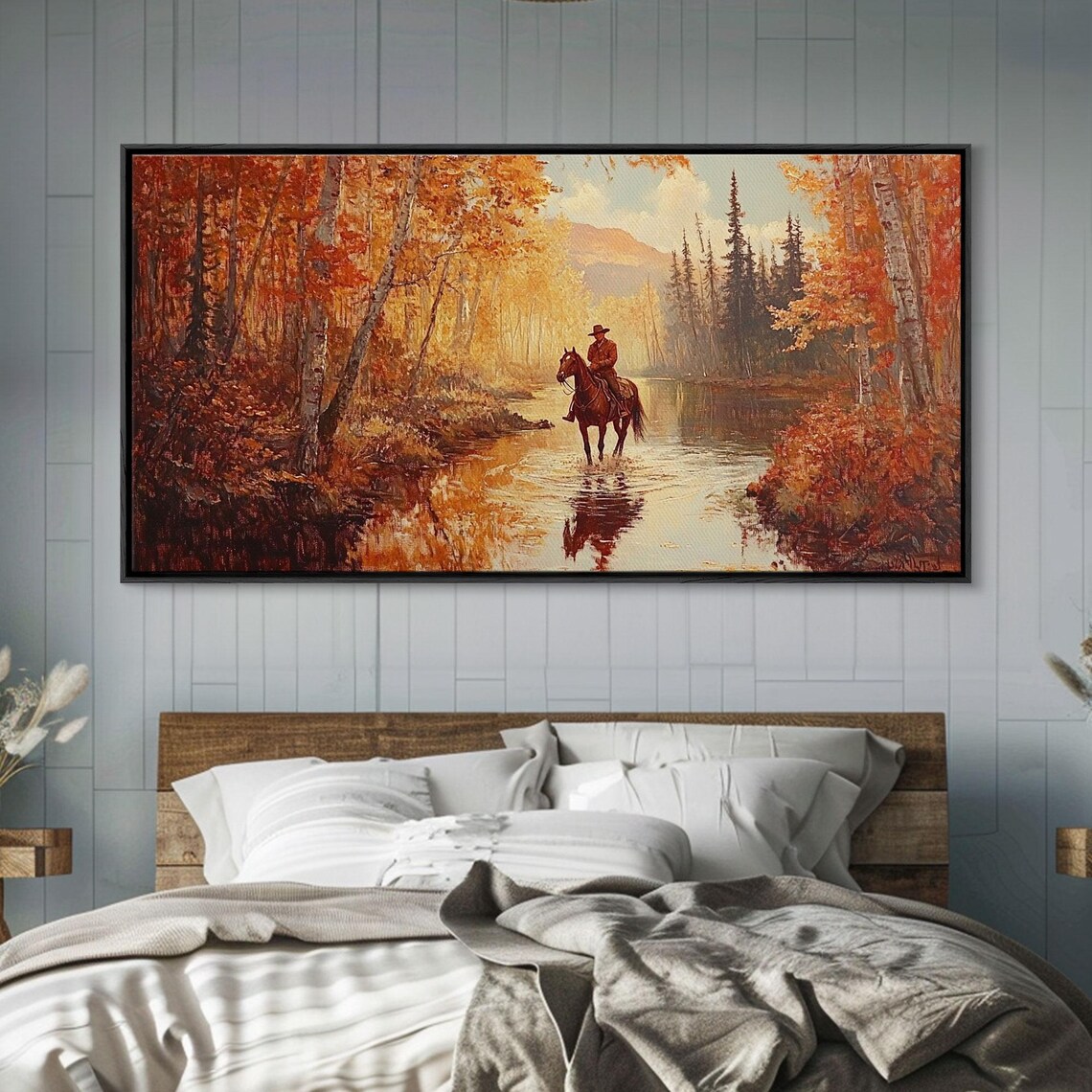 Autumn Cowboy Riding Horse Through River Golden Forest Trail Poster - Image 6