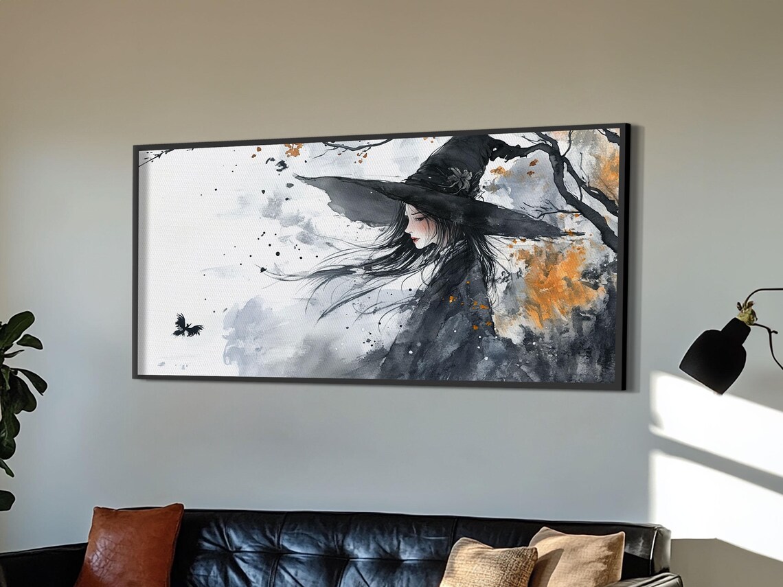 Witch Portrait Watercolor Panoramic Black Hat Autumn Mist Halloween Artwork Poster - Image 6