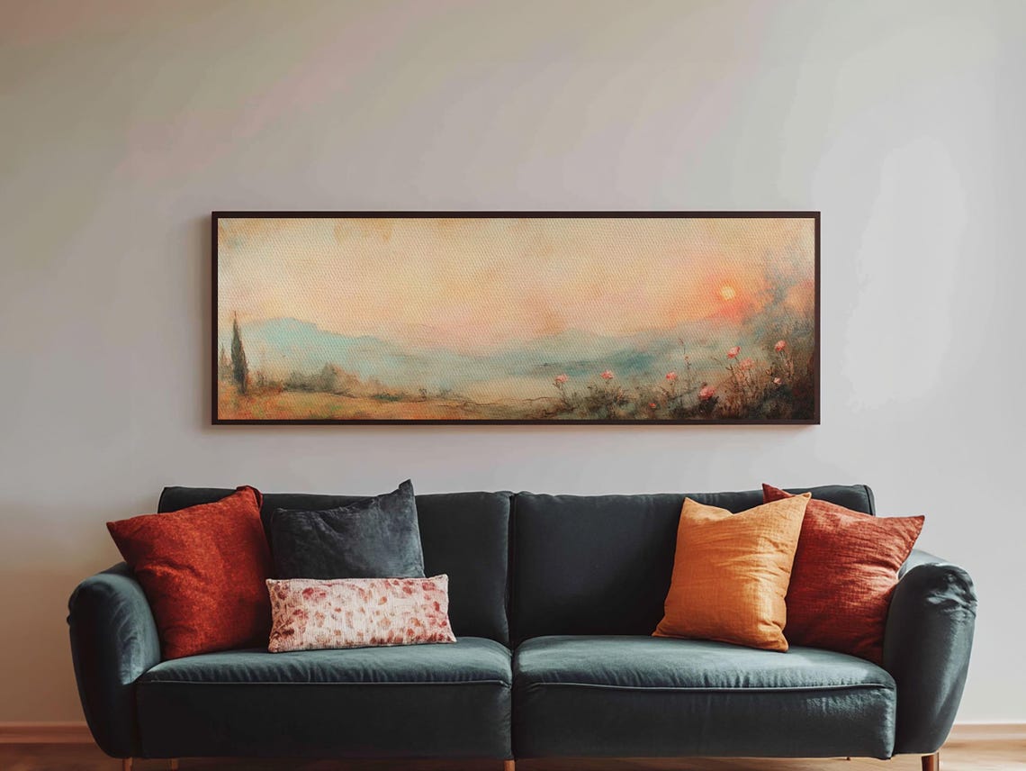Moody Wildflower Field Misty Sunrise Pastel Panoramic Poster Art