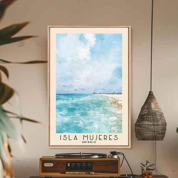 Isla Mujeres Mexico Bright Turquoise Sea White Beach Watercolor Wall Poster