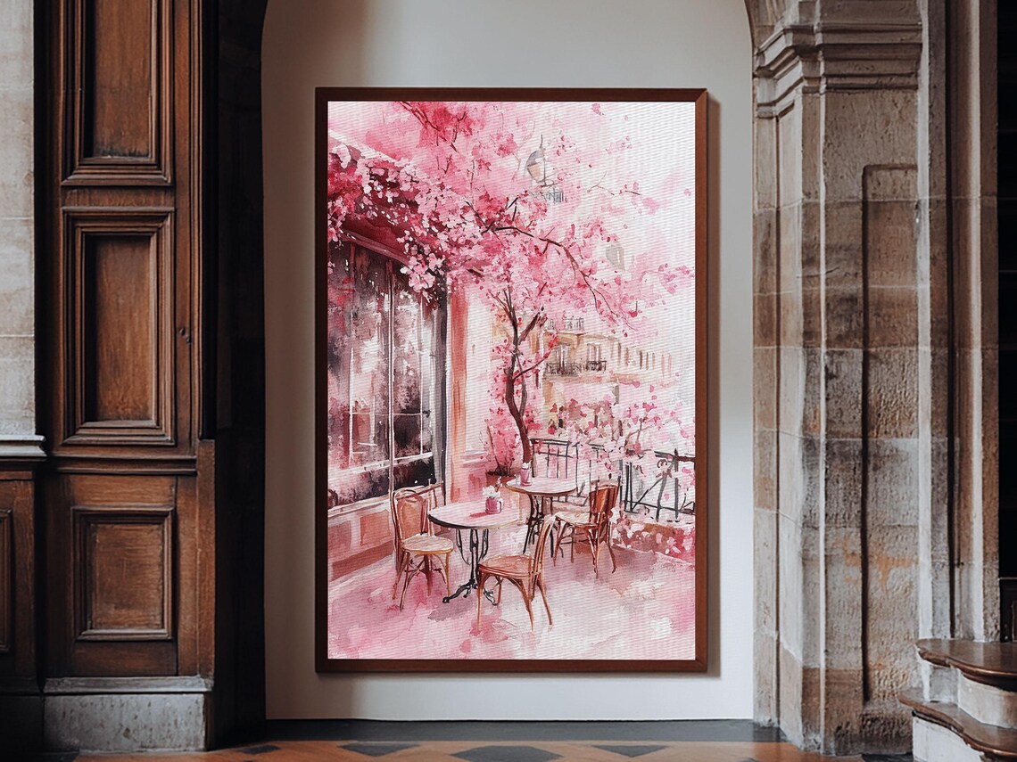 Cherry Blossom Cafe Street Scene Pink Watercolor Romantic Art Poster - Image 6