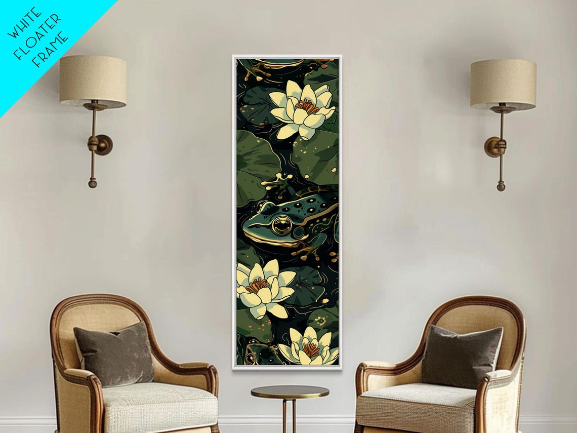 Green Frog Water Lilies Dark Pond Japanese Style Tall Art Poster