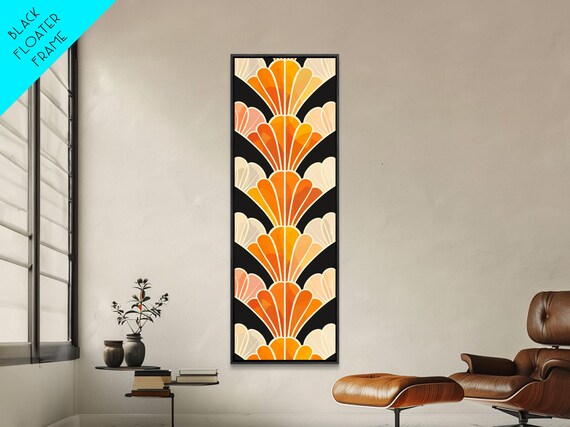 Art Deco Scallop Shell Repeat Pattern In Orange And Cream On Black Art Poster