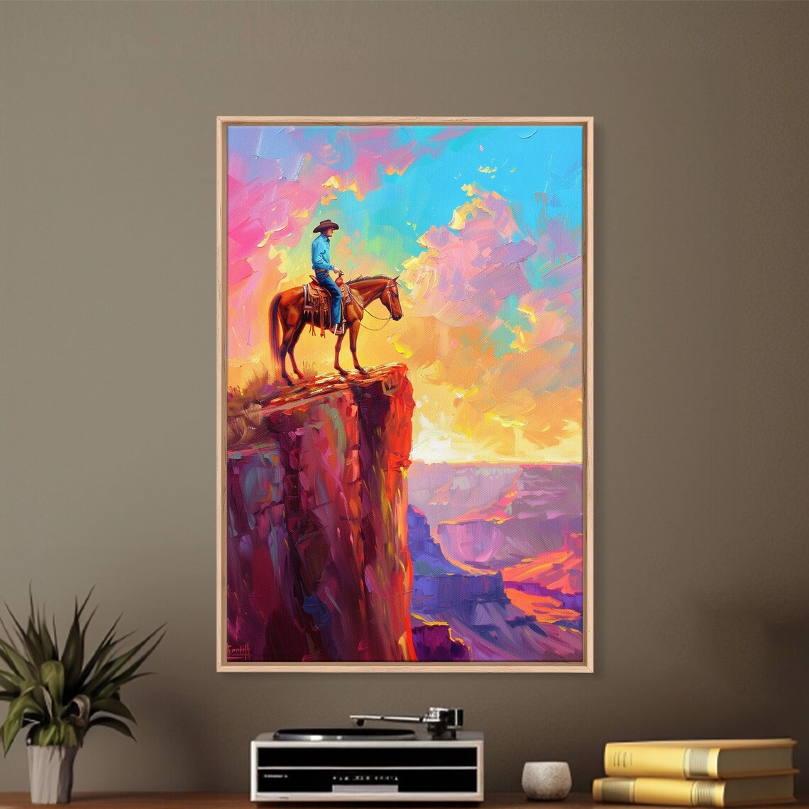 Cowboy On Horse At Sunrise Over Canyon In Pink And Gold Art Poster - Image 5