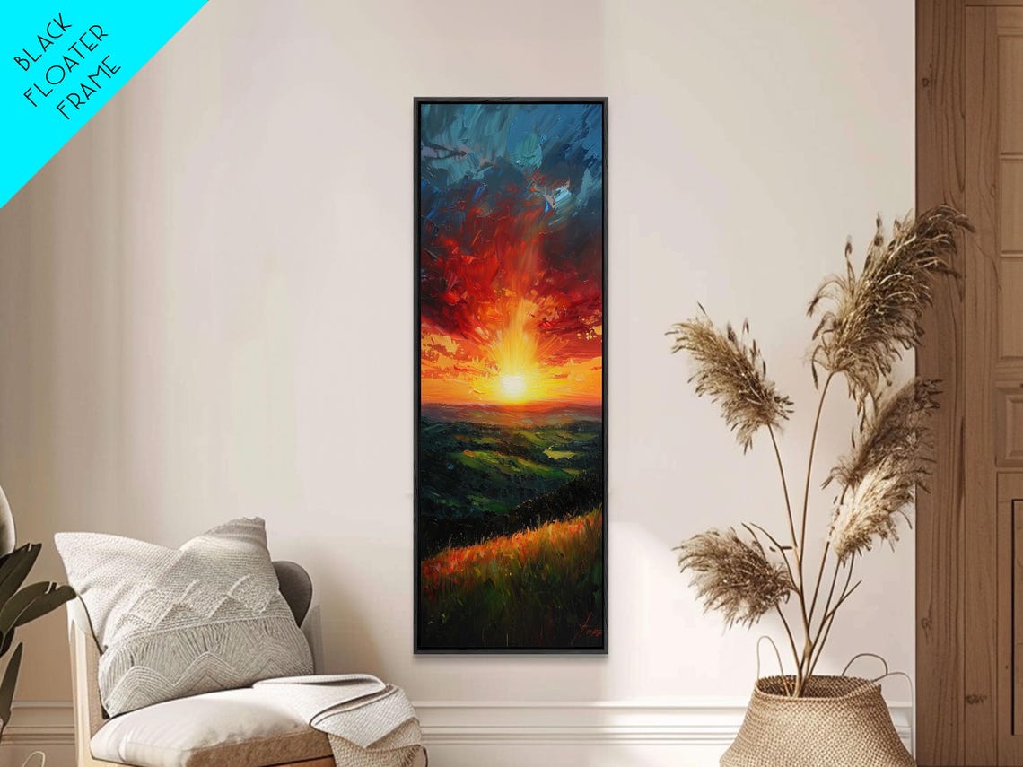 Dramatic Red Sunset Over Dark Hills Impasto Night Sky Landscape Poster - Image 3