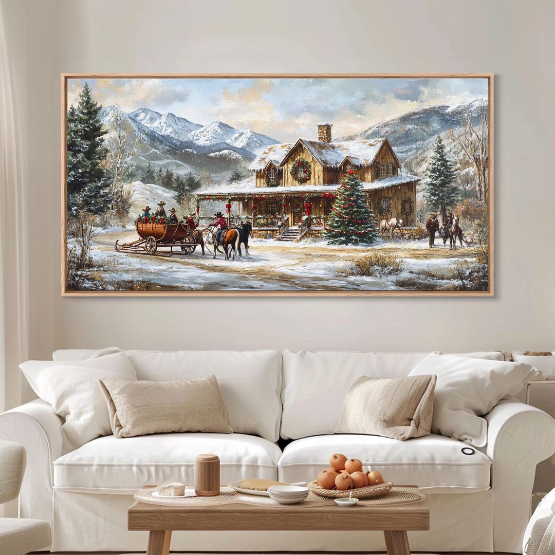Mountain Lodge Christmas Horse Sleigh Rustic Winter Holiday Print