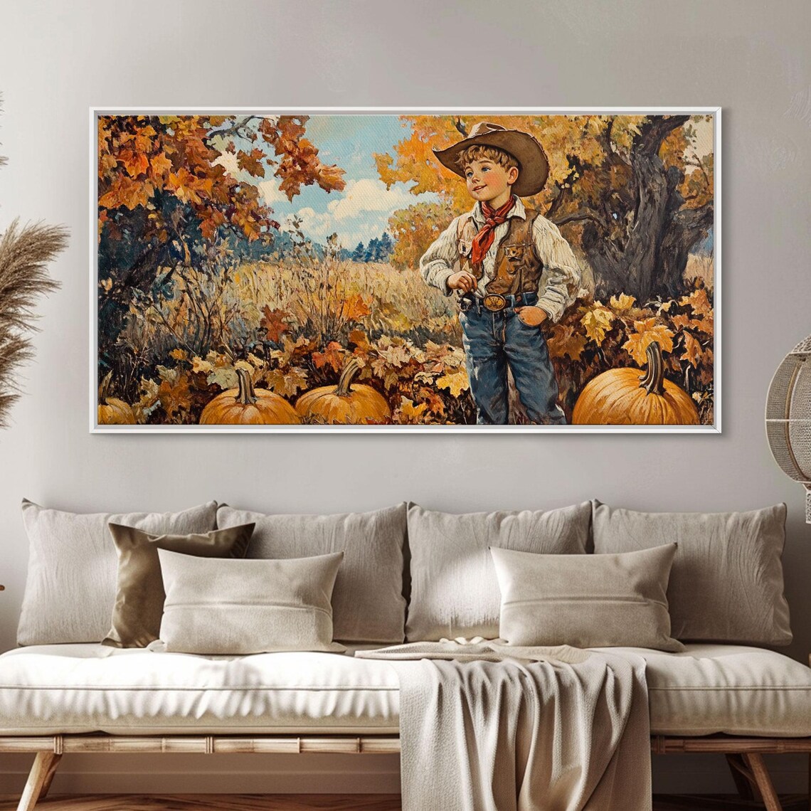 Vintage Little Cowboy With Red Bandana Among Pumpkins Fall Retro Poster