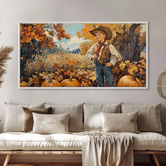 Vintage Little Cowboy With Red Bandana Among Pumpkins Fall Retro Poster