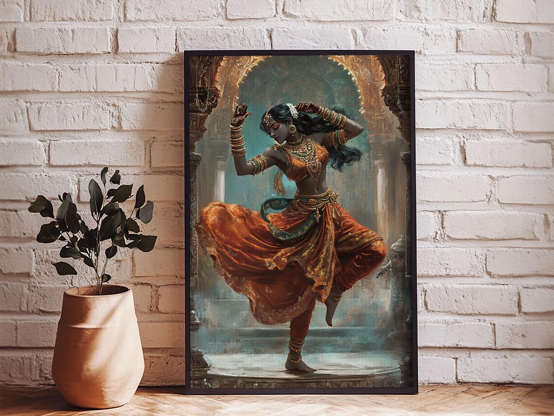 Indian Woman Dancing Orange Sari Temple Traditional Bollywood Art Poster - Image 2