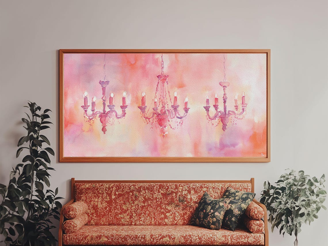 Pink Candle Chandeliers Trio Watercolor Warm Romantic Lighting Poster - Image 5