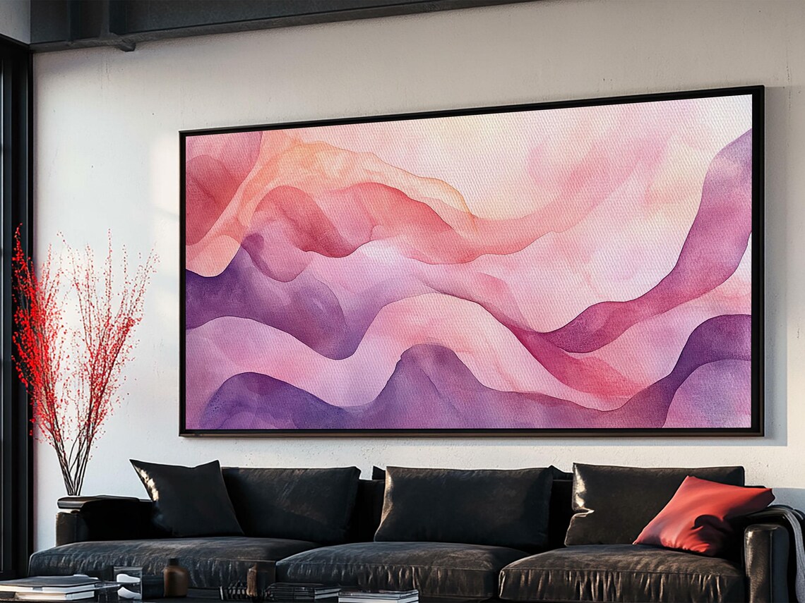 Pink Purple Flowing Waves Abstract Watercolor Calm Zen Wall Art