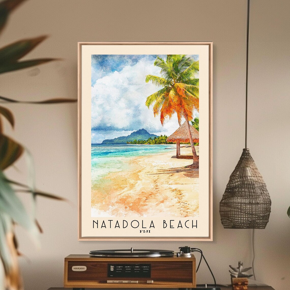 Natadola Beach Fiji Palm Tree Thatched Hut Island Watercolor Poster - Image 2