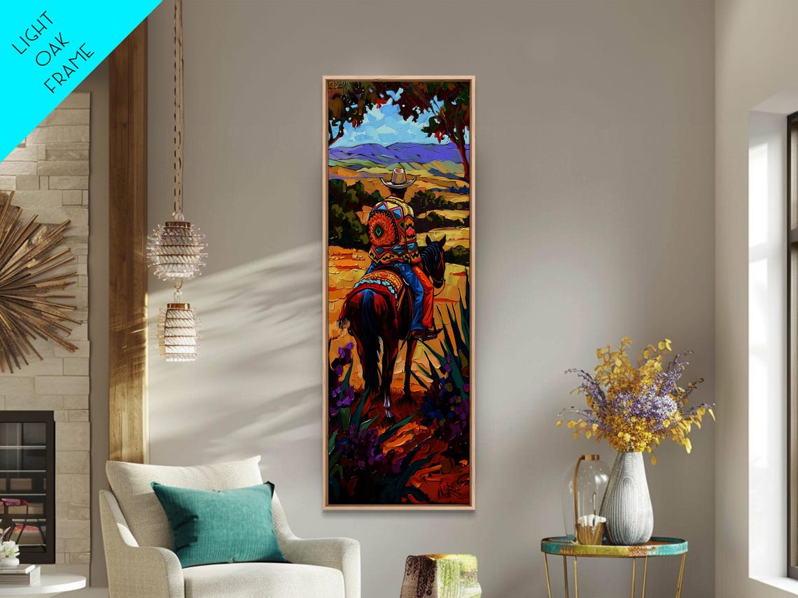 Long Narrow Wall Art Painting Of Jalisco Cowboy Southwest Wall Art Painting Colorful Desert Painting Framed And Printed Office Art - Image 2
