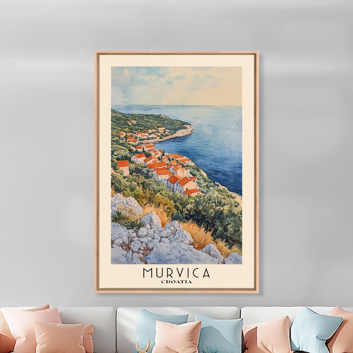 Murvica Croatia Hillside Village Red Roofs Sea View Watercolor Poster - Image 3