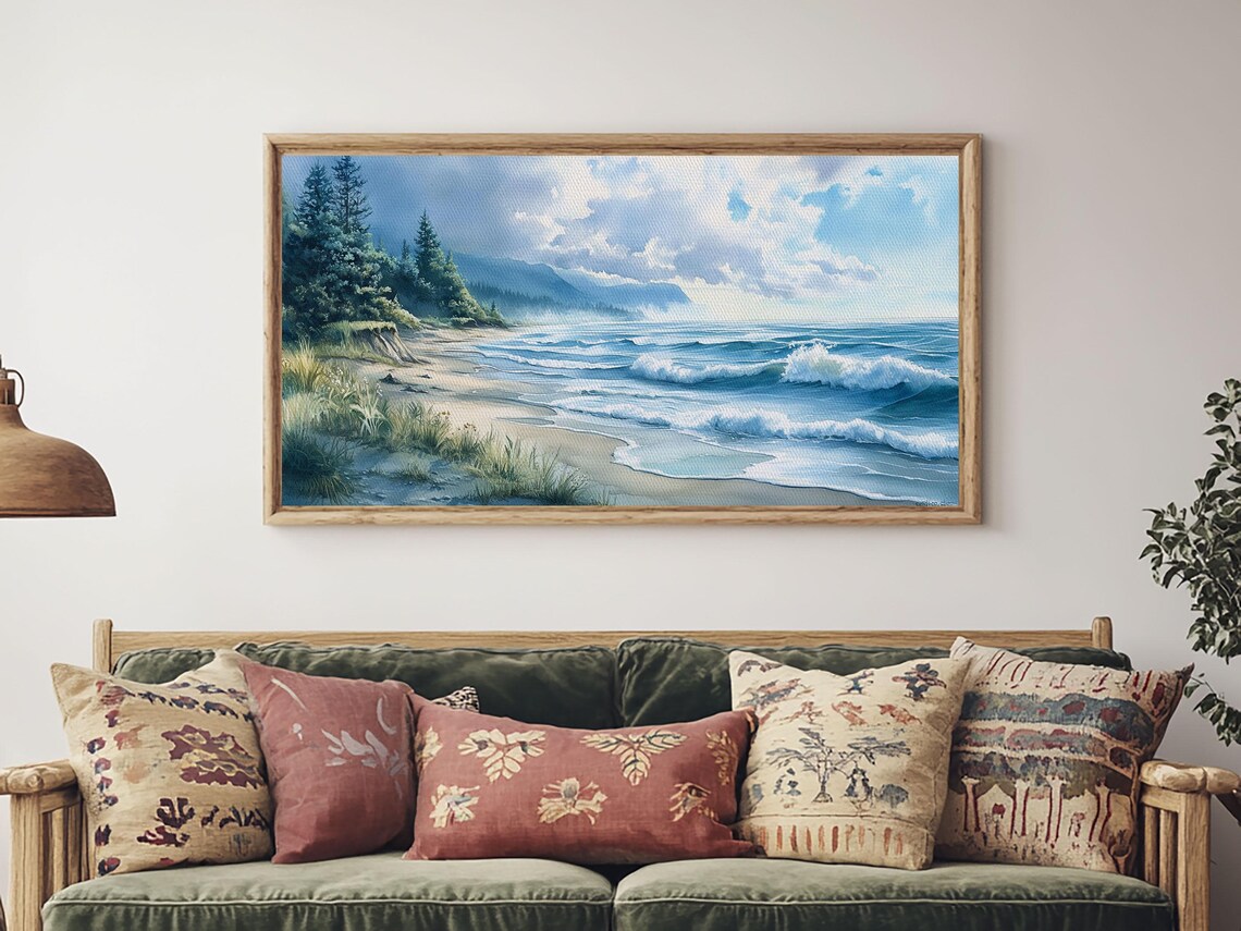 Misty Coastal Morning Seascape Painting Waves Pine Forest Beach Art Poster - Image 3