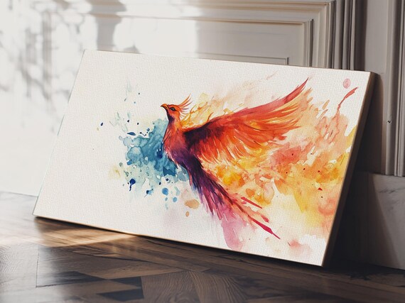 Phoenix In Flight Fiery Watercolor Bird Rising Inspirational Wall Art