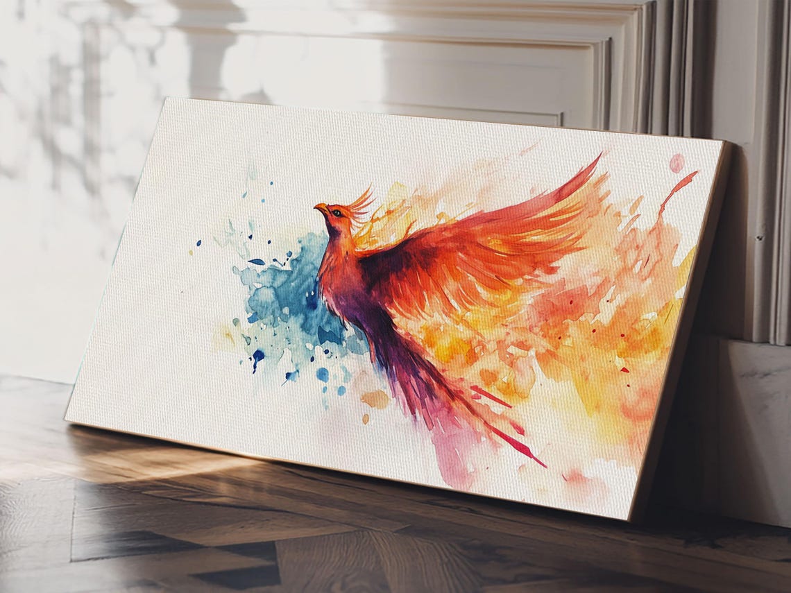 Phoenix In Flight Fiery Watercolor Bird Rising Inspirational Wall Art