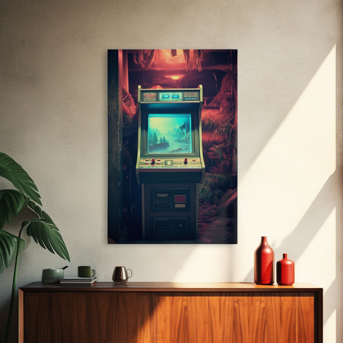 Retro Arcade Cabinet In Neon Red Dark Room Vintage Gaming Photo Poster - Image 3