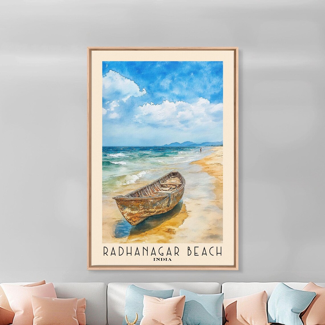 Radhanagar Beach India Weathered Wooden Boat Sandy Beach Blue Sea Watercolor Poster - Image 3