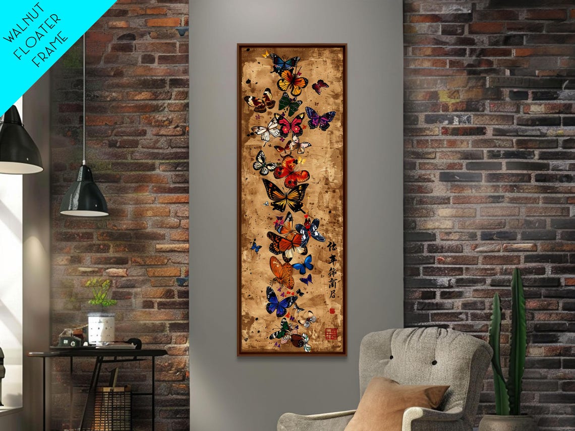 Butterflies Rising Tan Paper Japanese Calligraphy Tall Art Poster - Image 3