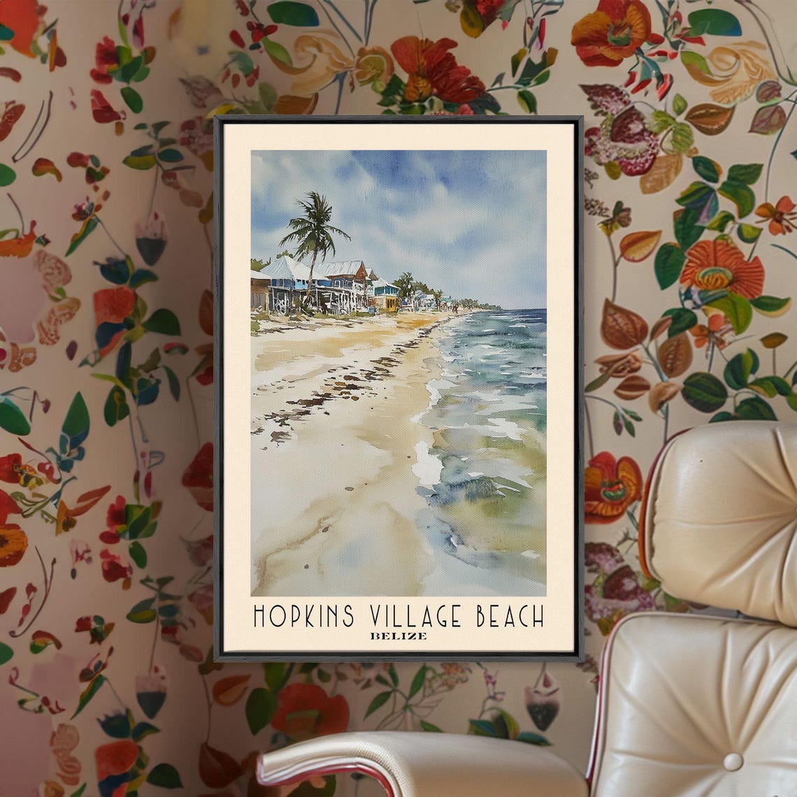 Hopkins Village Beach Belize Rustic Huts Palm Shore Watercolor Poster - Image 2