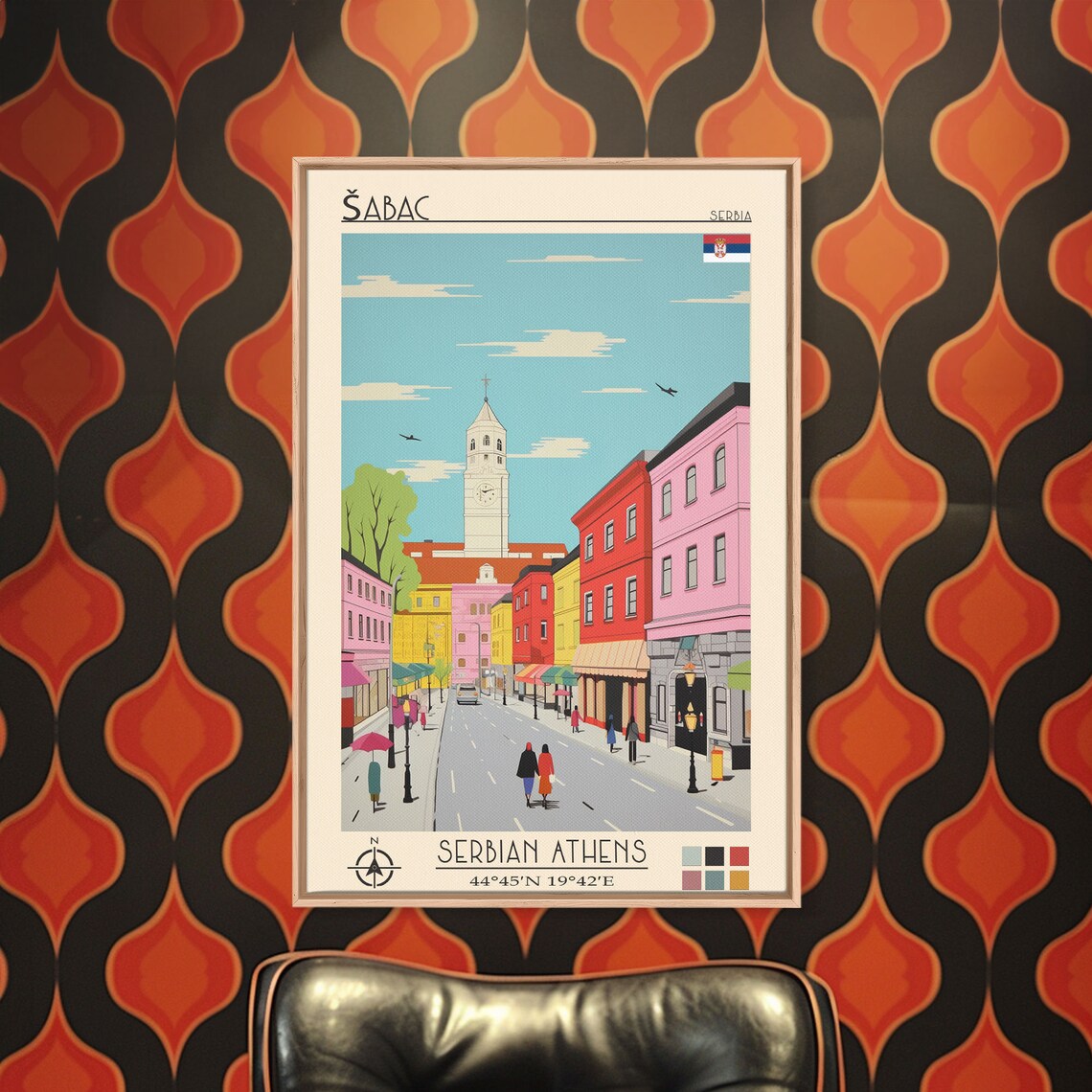 Sabac Serbia Colorful Main Street Clock Tower Midcentury Travel Poster - Image 2