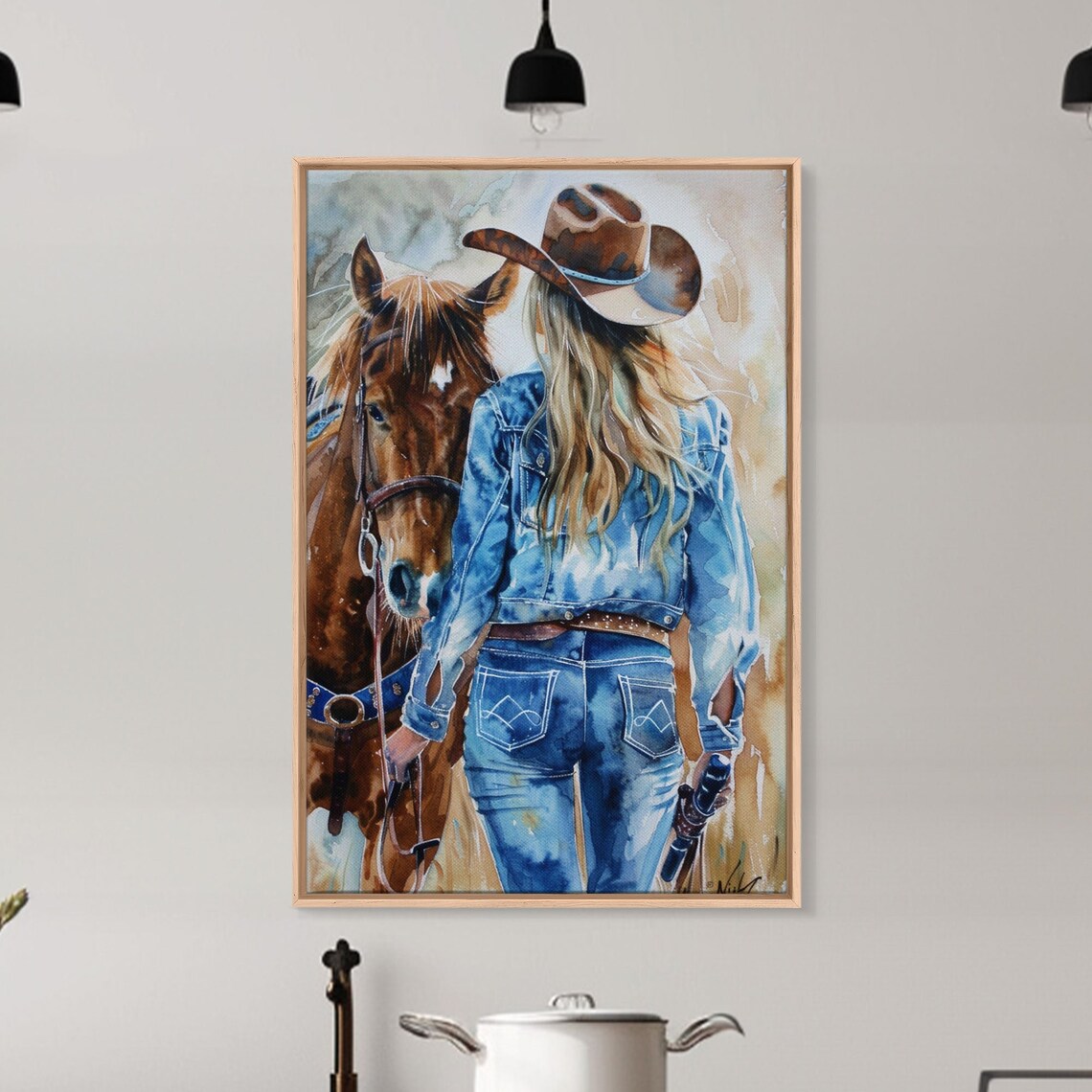 Cowgirl In Denim With Horse Watercolor Western Ranch Life Poster - Image 4