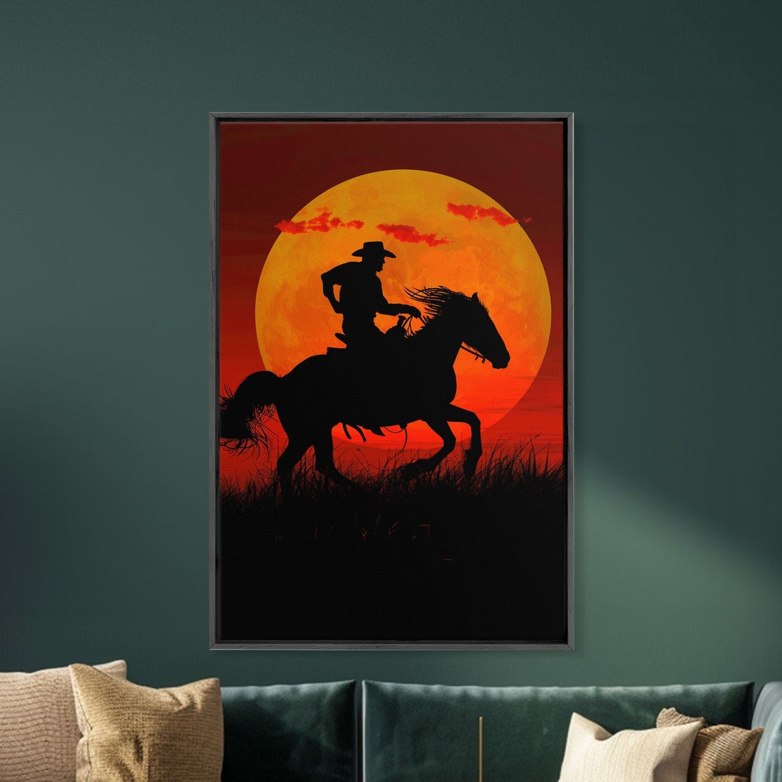 Cowboy Silhouette On Galloping Horseback Giant Orange Sunset Wall Art - Image 4