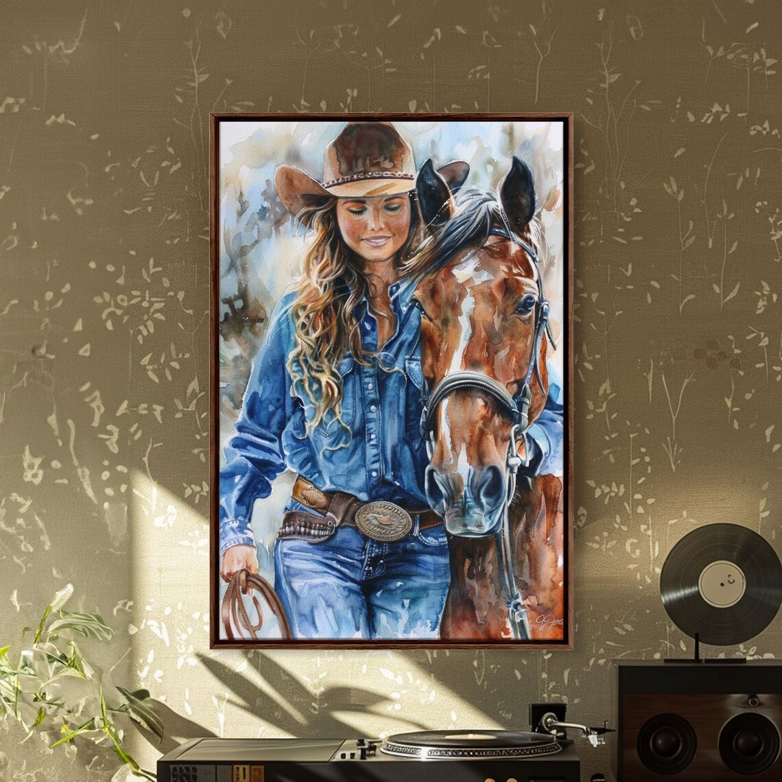 Cowgirl Embracing Horse Gentle Watercolor Western Bond Wall Art Poster - Image 4