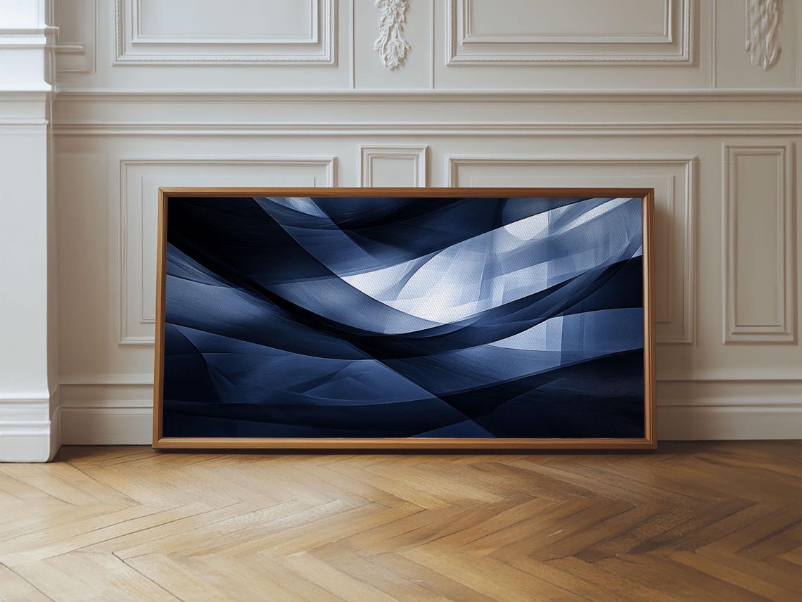 Flowing Blue Abstract Framed Print Minimalist Geometric Wall Art Above Sofa Decor Moody Panoramic Artwork Gift Living Room