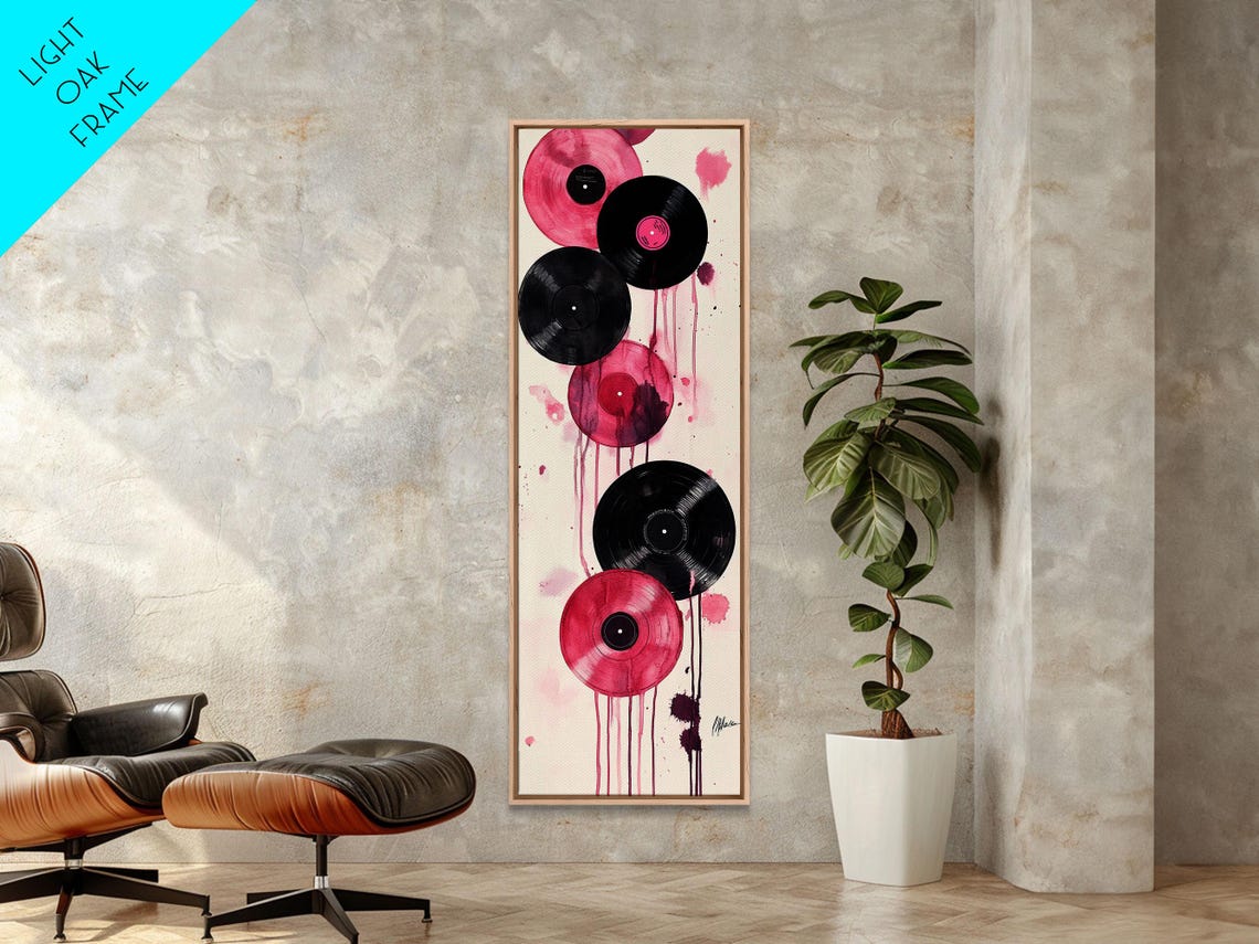 Black Pink Vinyl Records Paint Drip Retro Music Vertical Art Poster - Image 2