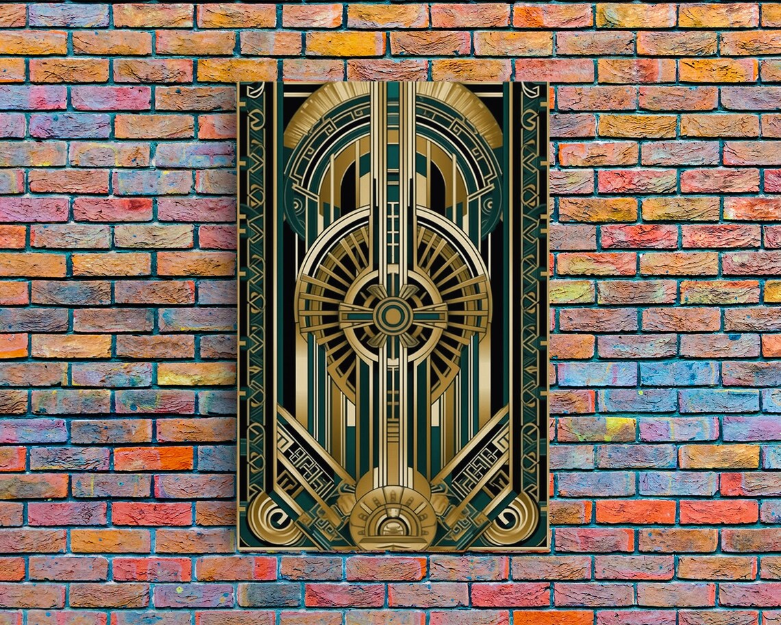 Art Deco Pattern, Gold Green Geometric Wall Art Print