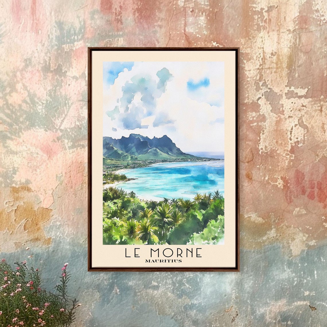 Le Morne Mauritius Mountain Peak Turquoise Bay Palms Watercolor Poster - Image 4