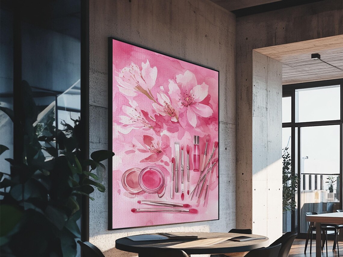 Cherry Blossom Print Featuring Makeup And Brush Theme Perfect Whimsical And Light Pink Wall Art Bedroom Or Bathroom Decor - Image 5