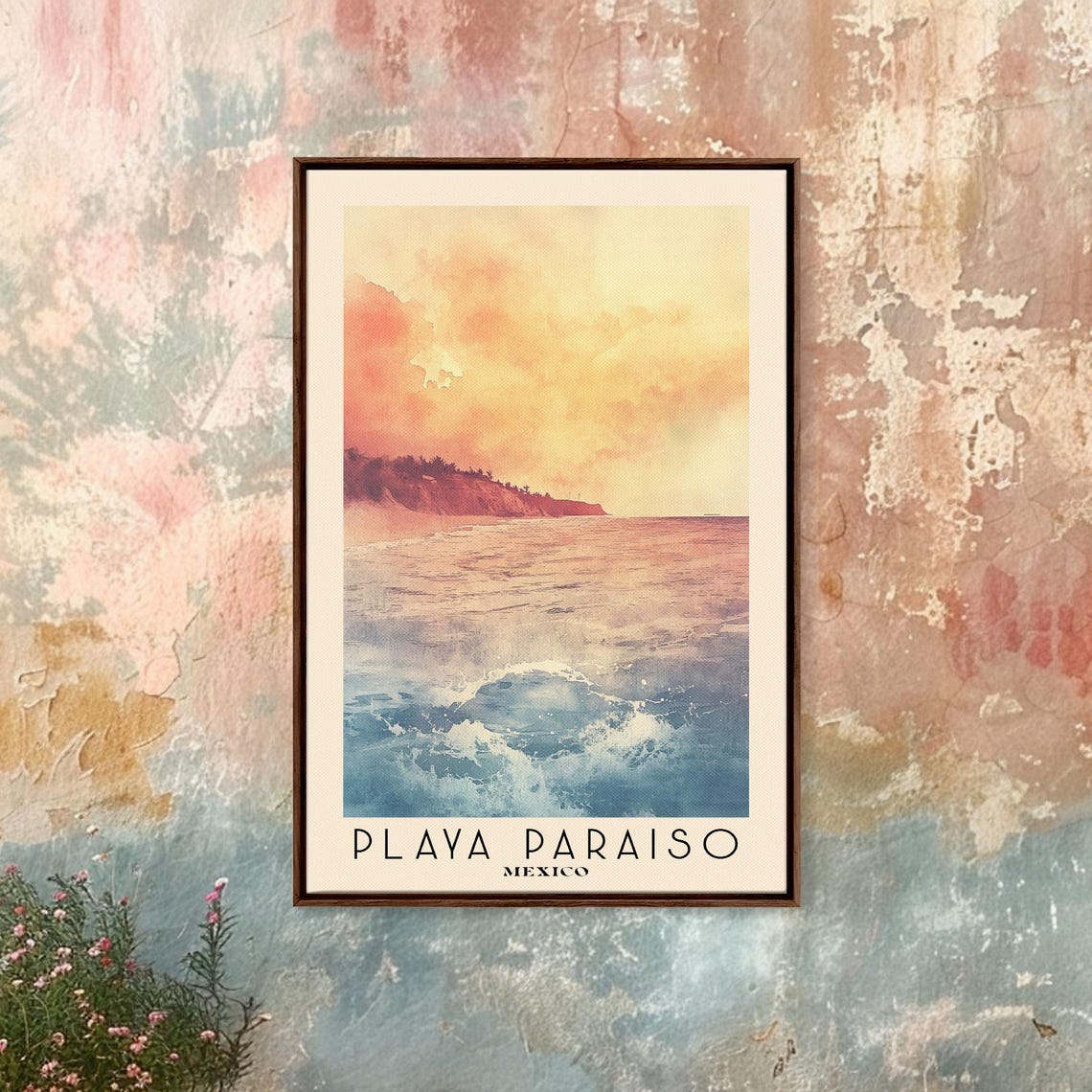 Playa Paraiso Mexico Peach Sunset Ocean Glow Watercolor Travel Poster
