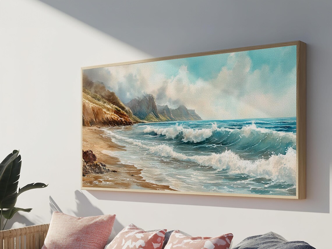 Misty Coastal Cliffs Crashing Ocean Waves Sandy Beach Panoramic Wall Art - Image 4