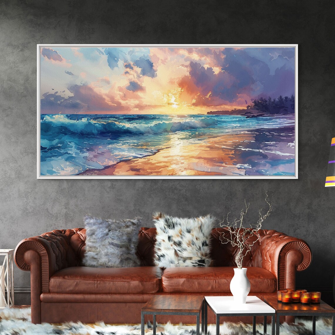 Boho Beach At Sunset, Coastal Ocean Wave Art Print