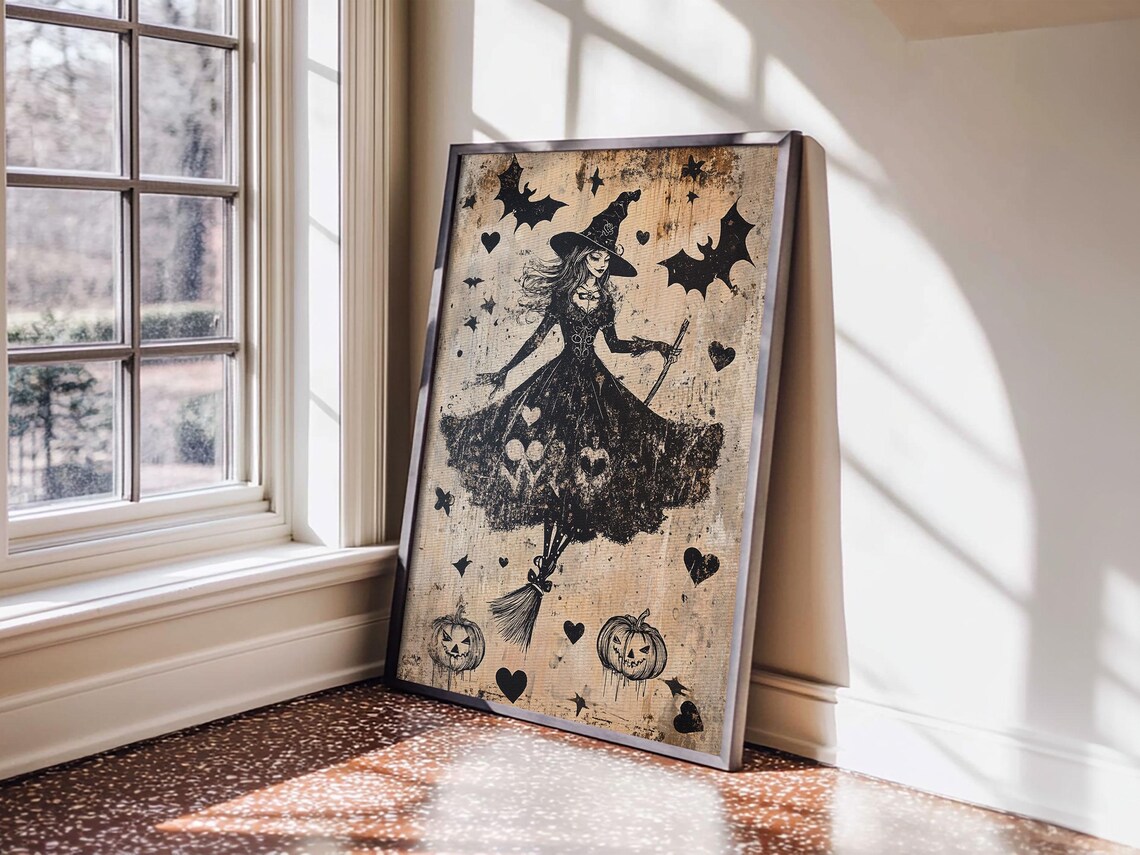 Witch Flying Broomstick Bats Vintage Silhouette Halloween Gothic Wall Art Poster - Image 2