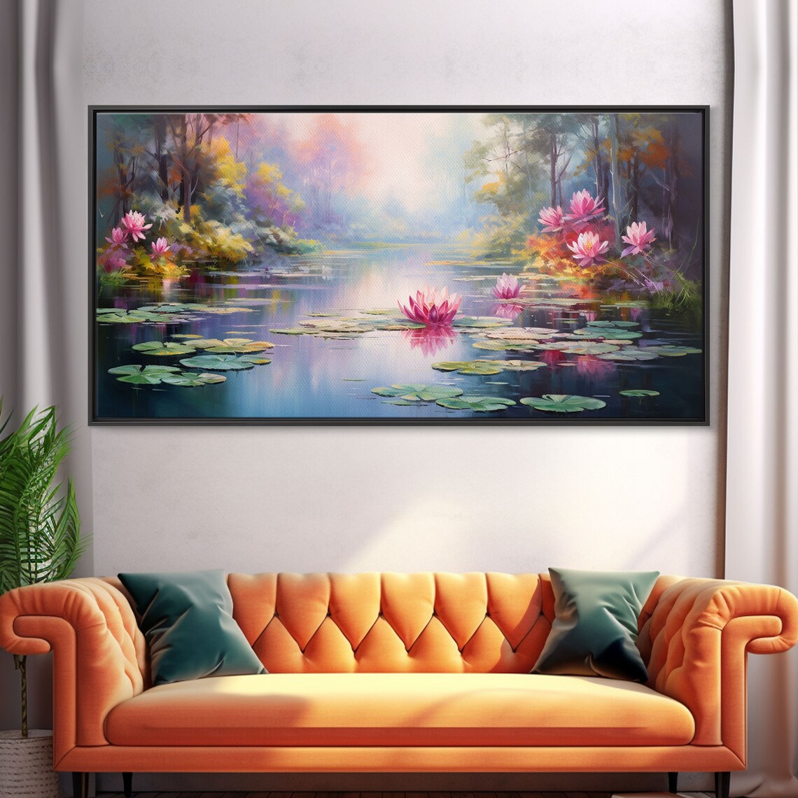 Pink Water Lilies Lotus Pond Misty Forest Impressionist Floral Wall Art Poster - Image 5