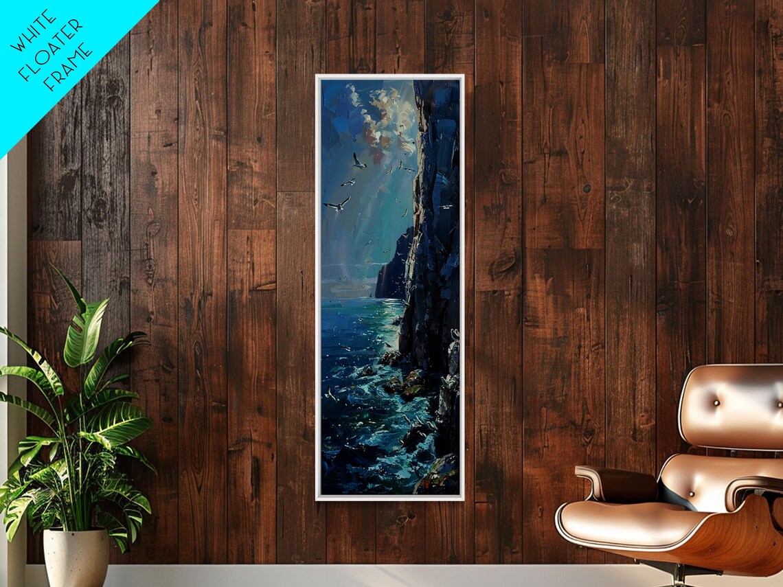 Seagulls Soaring Over Dark Ocean Cliffs Impasto Dramatic Seascape Poster - Image 6