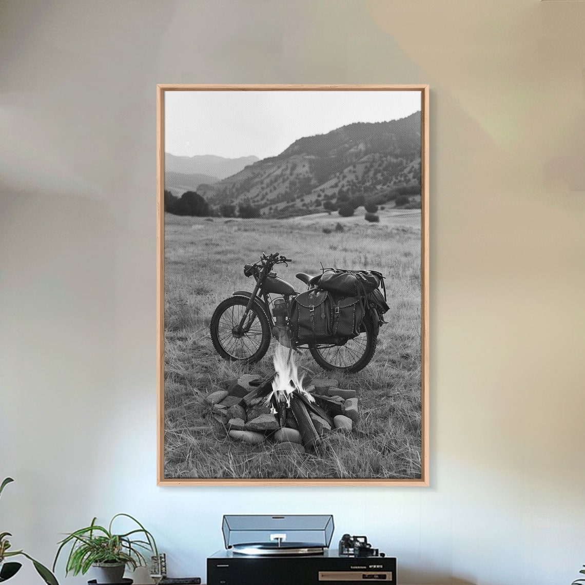 Vintage Motorcycle Campfire Black and White Mountain Night Art Poster - Image 5