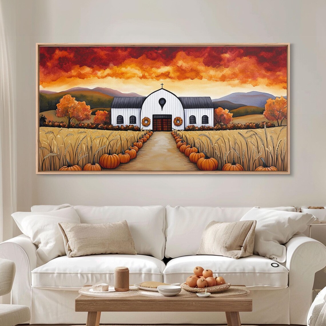 White Barn With Pumpkin Lined Path Wheat Fields Fiery Sunset Fall Wall Poster - Image 3