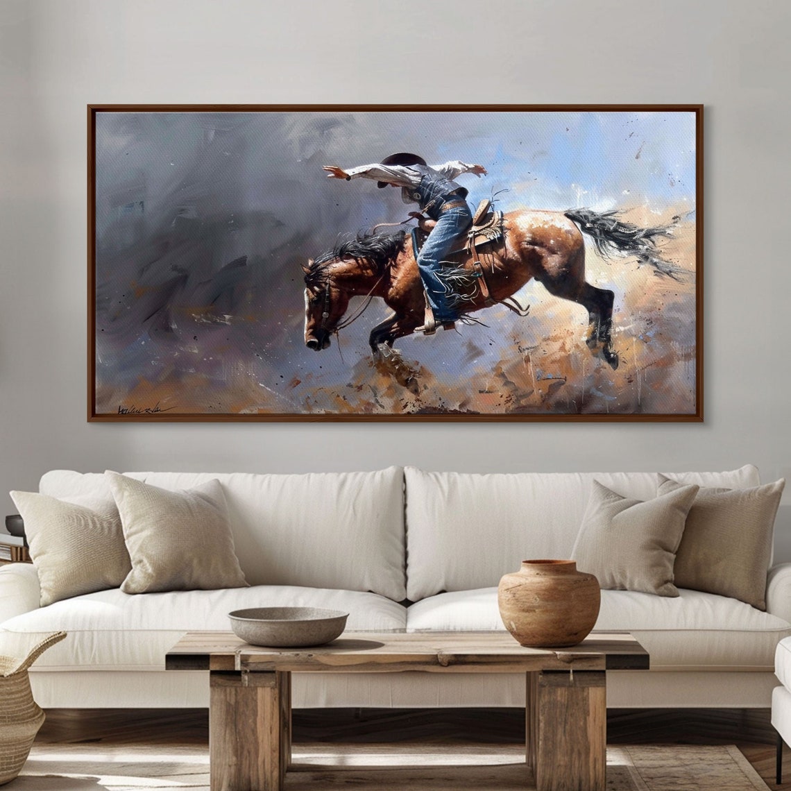 Rodeo Cowboy Riding Bucking Horse Mid Buck Dramatic Western Art Poster - Image 3