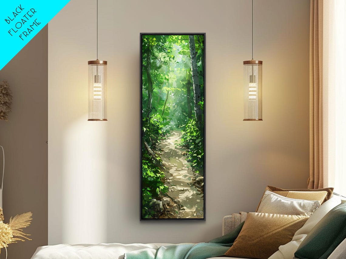 Sunlit Birch Forest Pathway Green Woodland Painting Wall Print