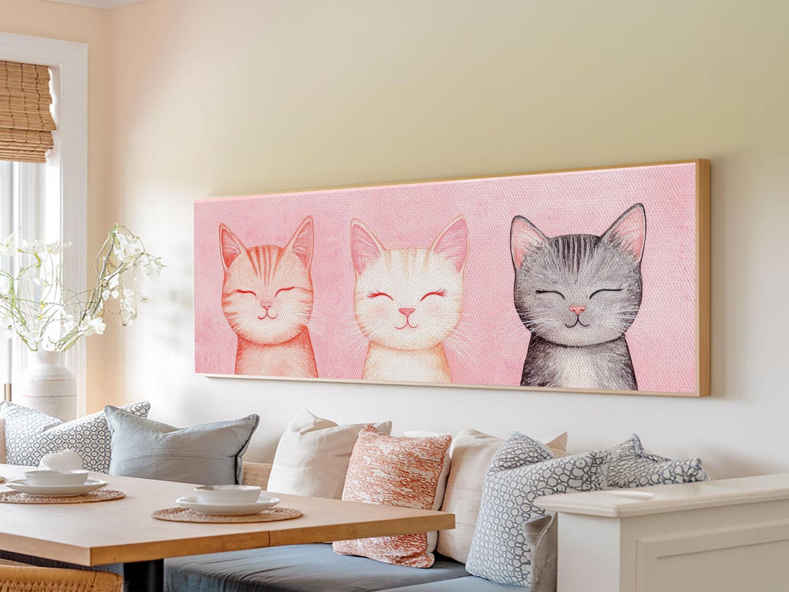 Three Smiling Cats Pink Whimsical Cat Portrait Cute Kittens Poster - Image 5
